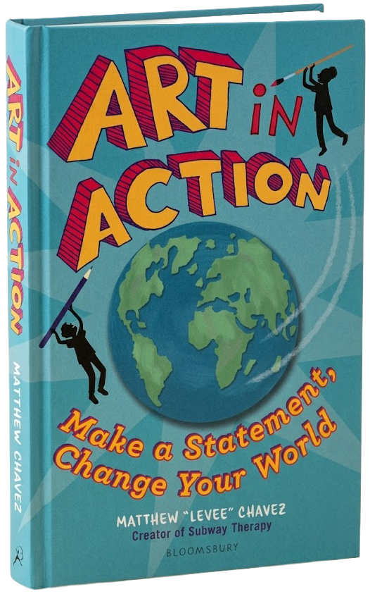 Art in Action book cover — hand-drawn letters over a painted globe
